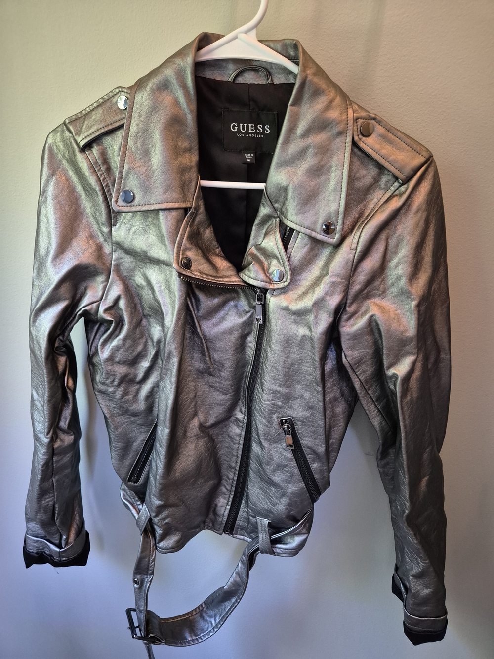 GUESS Silver Metallic Faux Leather Moto Biker Jacket - Medium